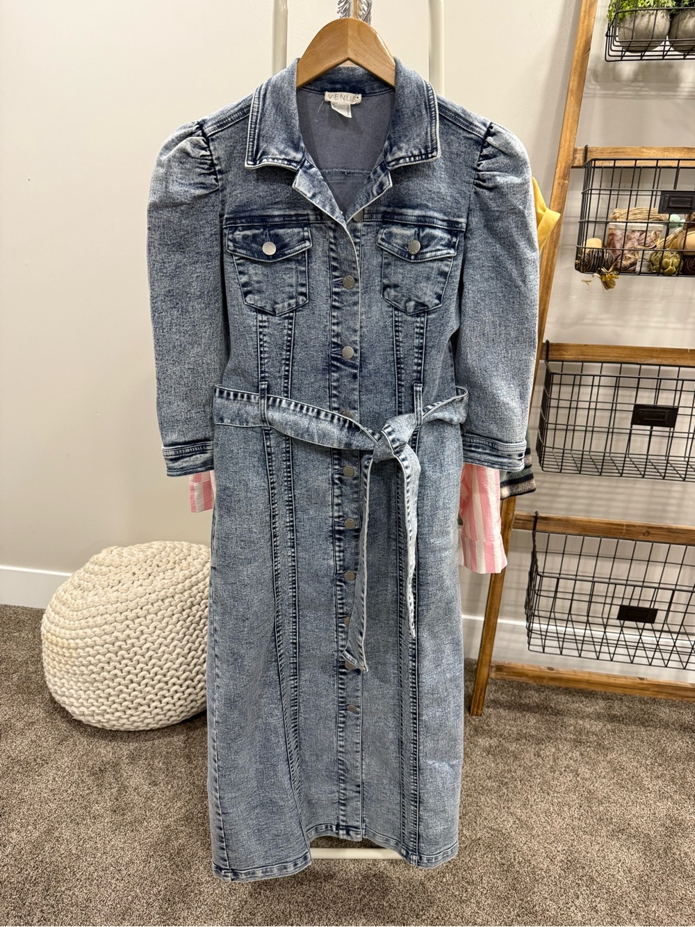 Acid Wash High-Stretch Denim Button-Up Maxi Dress. Tie Belt and Puff Sleeves